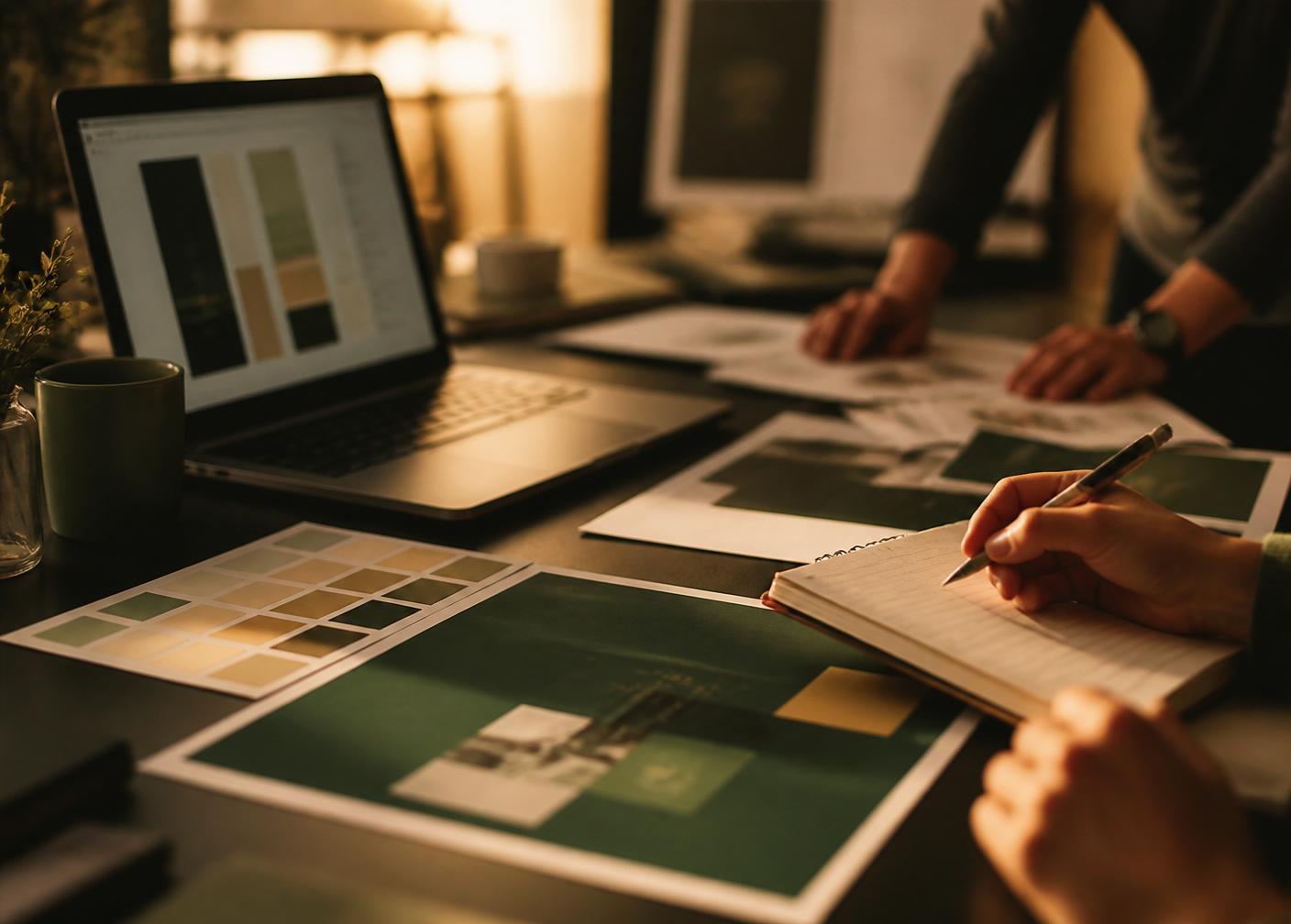 A designer reviewing brand colour palettes and layouts